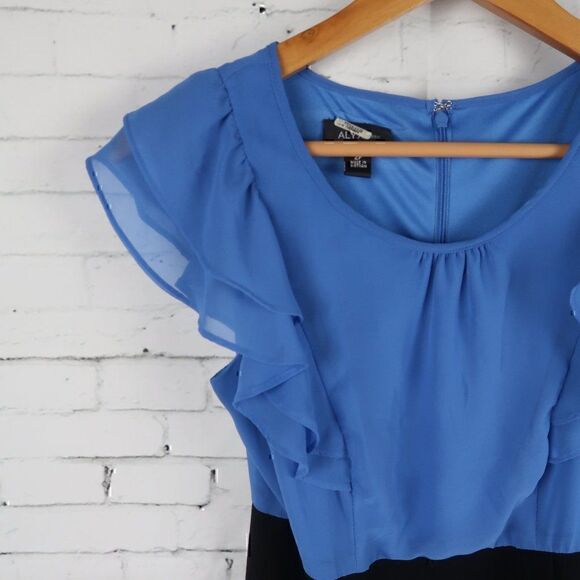 ALYX PETITES BLUE & BLACK RUFFLE SLEEVE ROUND NECK OFFICE DRESS SIZE 2P - Picture 4 of 10